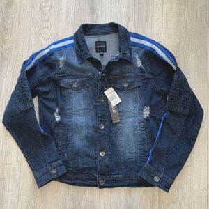 New WT02 Jean Denim Button Jacket Striped Sleeve Dark Sand Blue Men Size M